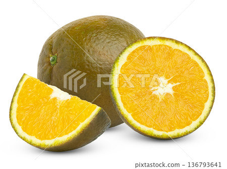 Chocolate navel orange and cut in a slice and in a half of orange with brown peel isolated. 136793641