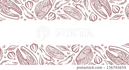 Seafood frame illustration with salmon steak, chili pepper, garlic and herbs in line art style. Ideal culinary background on white for seafood menu and design. 136793659
