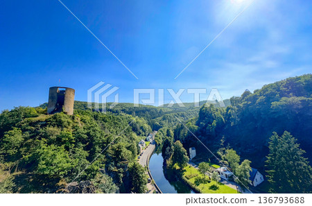 Esch-sur-Sure, Wiltz, Grand-Duche de Luxembourg, September 07, 2025, Secluded stone fortress beside Esch-sur-Sure, Wiltz, Grand-Duche de Luxembourg, September 07, 2025, Secluded stone fortress beside 136793688