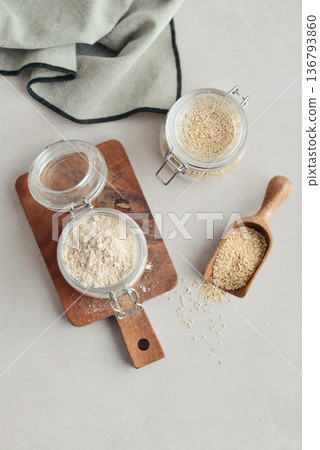 Amaranth flour in glass jar Amaranth flour in glass jar 136793860
