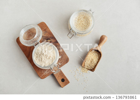 Amaranth flour in glass jar Amaranth flour in glass jar 136793861