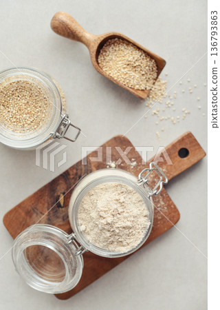 Amaranth flour in glass jar 136793863
