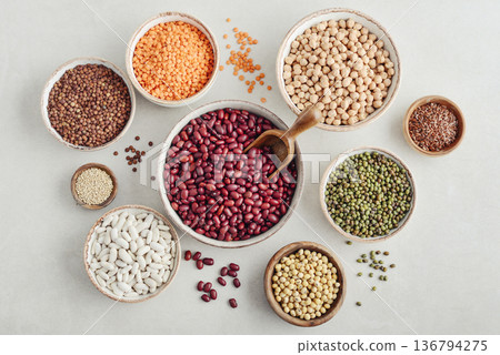 Various legumes, lentils, chickpeas, and beans 136794275