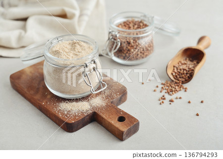 Buckwheat flour in glass jar Buckwheat flour in glass jar 136794293