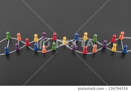 Colorful group of people figures connected with chalk and forming a DNA helix symbol on blackboard. Science, medicine and education concept. Colorful group of people figures connected with chalk and forming a DNA helix symbol on blackboard. Science, medicine and education concept. 136794358