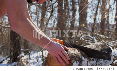 Male arm sawing a log in sunny winter forest. Strong guy working with a saw in snowy woodland. Concept of strength, masculine, energy, and harmony with nature during cold season. Slow motion 136794371