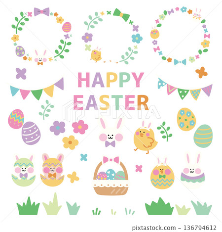 Easter event hand-drawn material set [Rabbit and Chick] 136794612