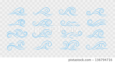 Set of elegant vector sea wave icons, blue decorative swirls and water strokes isolated on transparent background. EPS 10 Set of elegant vector sea wave icons, blue decorative swirls and water strokes isolated on transparent background. EPS 10 136794716