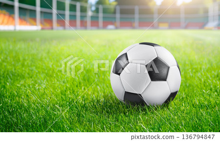 football field and ball ready for exciting match football field and ball ready for exciting match 136794847