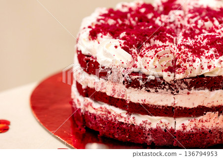 Red velvet layered cake with cream frosting Red velvet layered cake with cream frosting 136794953