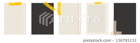 Copybook Notebook Notepad Paper with Washi Tape Strip Grid Lined Squared Plan Page Paper Vector Note Set 136795231