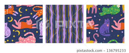 Whimsical Cat Pattern Set In Hand Drawn Doodle Vector Kids Background Wallpaper Textile Line Sketch 136795233