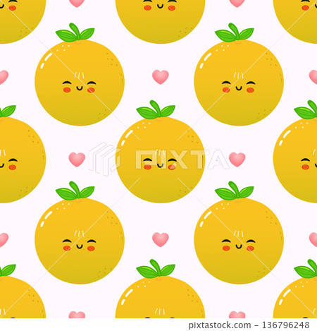 Seamless pattern with cute smiling grapefruit characters and hearts Seamless pattern with cute smiling grapefruit characters and hearts 136796248