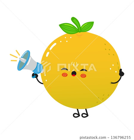 Cartoon grapefruit character speaking through megaphone making announcement 136796255