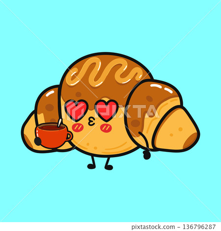 Cute cartoon croissant character falling in love with coffee 136796287