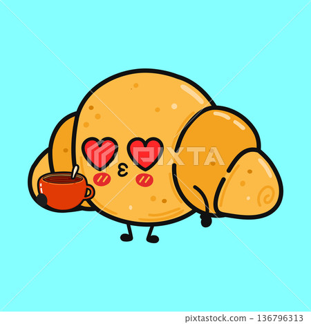 Cute croissant cartoon character falling in love with coffee Cute croissant cartoon character falling in love with coffee 136796313