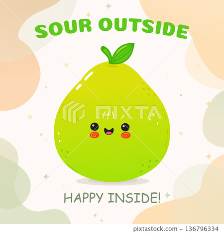Cute cartoon pomelo expressing sour outside happy inside feeling Cute cartoon pomelo expressing sour outside happy inside feeling 136796334