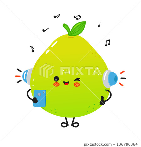 Cute pomelo character listening to music with smartphone Cute pomelo character listening to music with smartphone 136796364