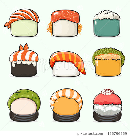 Variety of cute sushi cartoon illustrations on light background Variety of cute sushi cartoon illustrations on light background 136796369