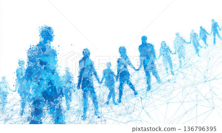 數位網路抽象背景，展現了商務團隊手牽手、共同工作的場景。 136796395