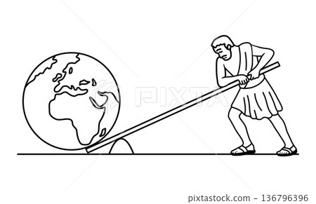 line art showing a person using a lever to move the Earth. Concept of effort, leverage, global impact, teamwork, sustainability, problem solving, strength, and achieving big goals with smart strategy 136796396