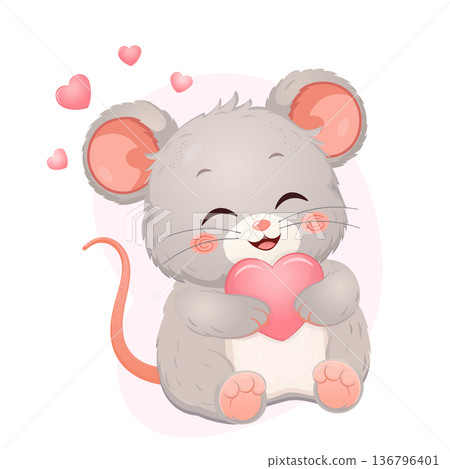 Cute mouse holding pink heart for love and romance Cute mouse holding pink heart for love and romance 136796401