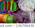 Reusable plastic picnic tableware versus disposable plastic tableware. Colorful and white plates, forks, and cups. Conscious consumption, product selection. A responsible approach to the environment. 136796436
