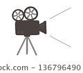 一個可愛的電影攝影機圖標，配有三腳架，正在播放電影。 136796490