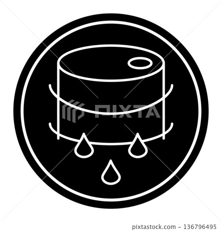 Oil barrel leaking icon in circle, fuel drum with drops symbol Oil barrel leaking icon in circle, fuel drum with drops symbol 136796495
