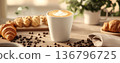 Latte Art Coffee with Fresh Croissants and Coffee Beans 136796725