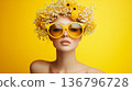 Yellow Fashion Portrait with Floral Crown and Sunglasses 136796728