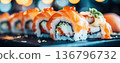Fresh Salmon Sushi Rolls with Caviar Garnish 136796732