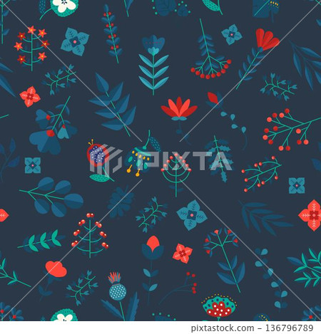 Seamless Folklore Floral Pattern On Dark Background Seamless Folklore Floral Pattern On Dark Background 136796789