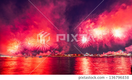 Firework over Kremlin in Kazan, Russia. Fireworks. Salute Firework over Kremlin in Kazan, Russia. Fireworks. Salute 136796838