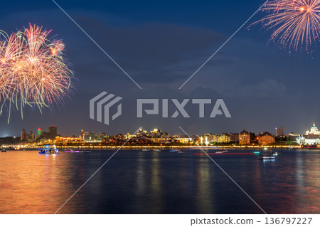 Firework over Kremlin in Kazan, Russia. Fireworks. Salute Firework over Kremlin in Kazan, Russia. Fireworks. Salute 136797227