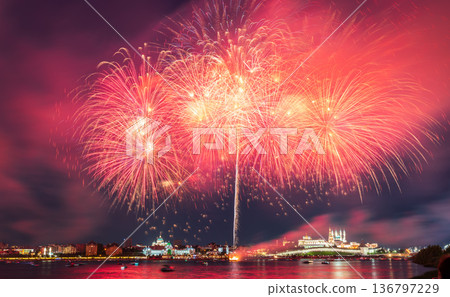 Firework over Kremlin in Kazan, Russia. Fireworks. Salute Firework over Kremlin in Kazan, Russia. Fireworks. Salute 136797229
