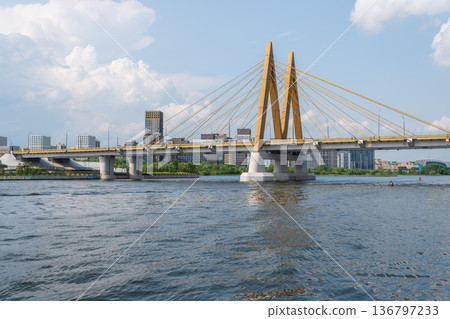 The Millennium Bridge over the Kazanka River on a summer day. The Millennium Bridge over the Kazanka River on a summer day. 136797233