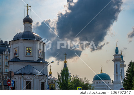View of Church of St. Evdokia and the Irek Mosque in Kazan, Russia 136797247