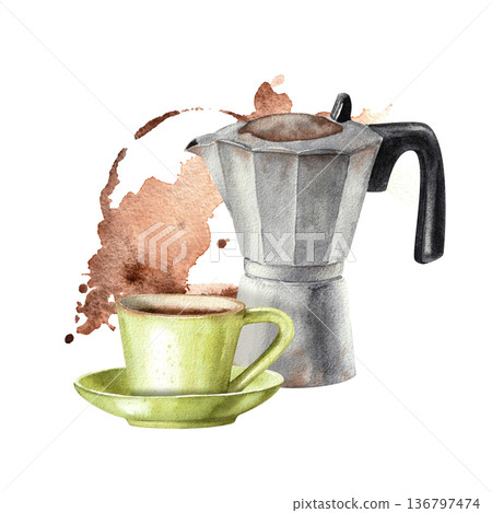 Hand drawn watercolor illustration of a mocha coffee pot with a green ceramic cup on a spot isolated on a white background for menu, coffee shop and kitchen design Hand drawn watercolor illustration of a mocha coffee pot with a green ceramic cup on a spot isolated on a white background for menu, coffee shop and kitchen design 136797474