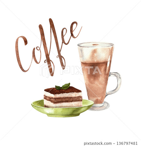 A hand-drawn watercolor illustration of a latte glass and tiramisu dessert on a green plate with lettering. Isolated on a white background, suitable for menu design, coffee shop, and kitchen decor. A hand-drawn watercolor illustration of a latte glass and tiramisu dessert on a green plate with lettering. Isolated on a white background, suitable for menu design, coffee shop, and kitchen decor. 136797481