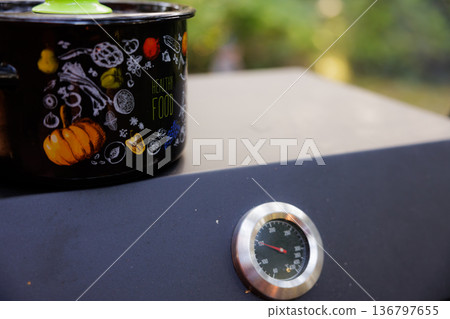 Healthy food cooking in a vibrant pot with a temperature gauge outdoors in a serene garden setting 136797655