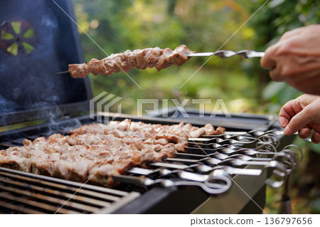 Sizzling skewers of marinated meat grilling in a lush backyard during a sunny afternoon gathering Sizzling skewers of marinated meat grilling in a lush backyard during a sunny afternoon gathering 136797656