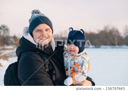 Father and Baby in Winter Landscape Father and Baby in Winter Landscape 136797665