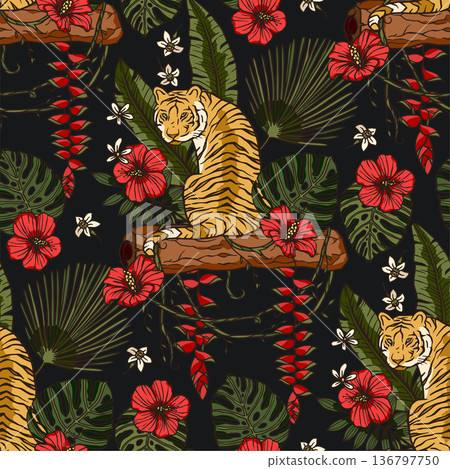 Exotic tropical animal wild tiger seamless pattern. Exotic tropical animal wild tiger seamless pattern. 136797750