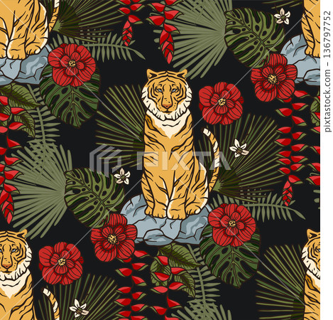Exotic tropical animal wild tiger seamless pattern. Exotic tropical animal wild tiger seamless pattern. 136797752