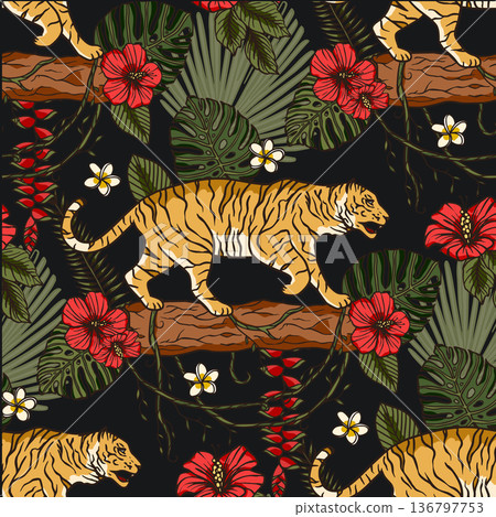 Exotic tropical animal wild tiger seamless pattern. Exotic tropical animal wild tiger seamless pattern. 136797753