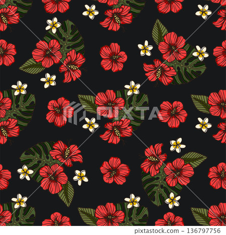 Red tropical hibiscus flower seamless pattern. Red tropical hibiscus flower seamless pattern. 136797756