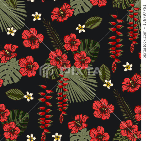 Red tropical hibiscus and heliconia flower seamless pattern. Red tropical hibiscus and heliconia flower seamless pattern. 136797761