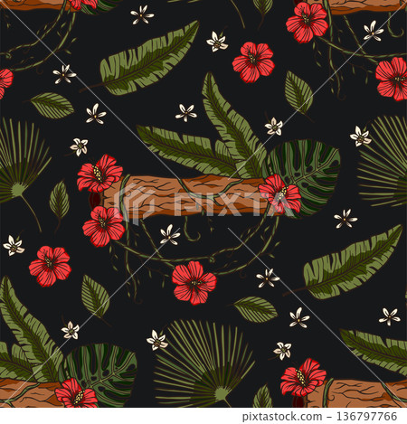 Red tropical hibiscus flower seamless pattern. Red tropical hibiscus flower seamless pattern. 136797766