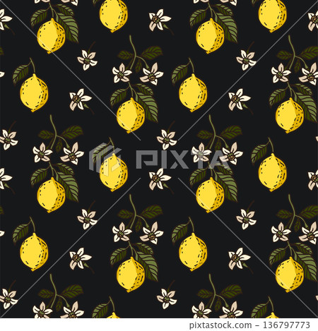 Lemon fruit tropical seamless pattern on a black background. Lemon fruit tropical seamless pattern on a black background. 136797773